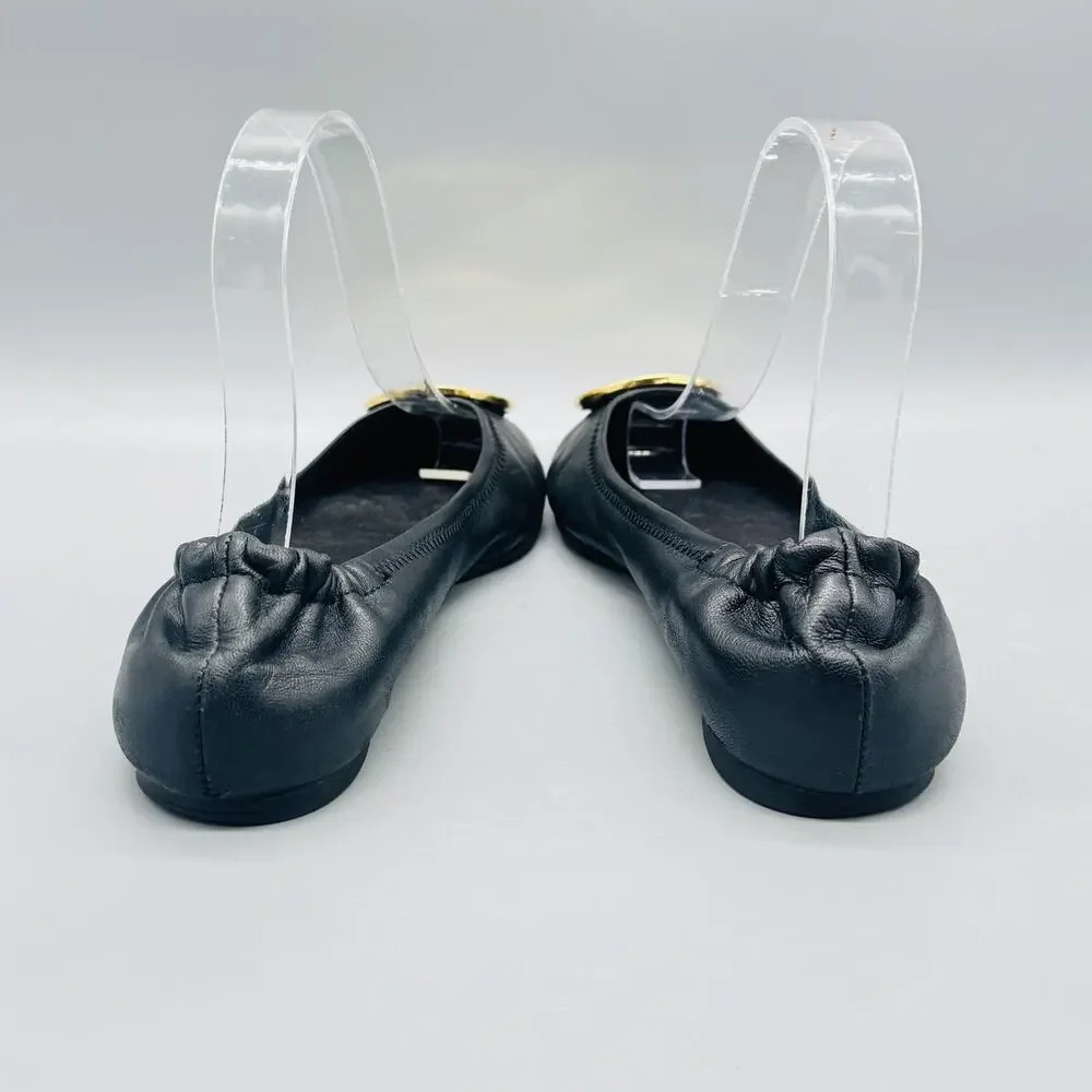 Tory Burch Shoes Womens 6 Black Leather Reva Ballet Flats Gold Logo Slip On